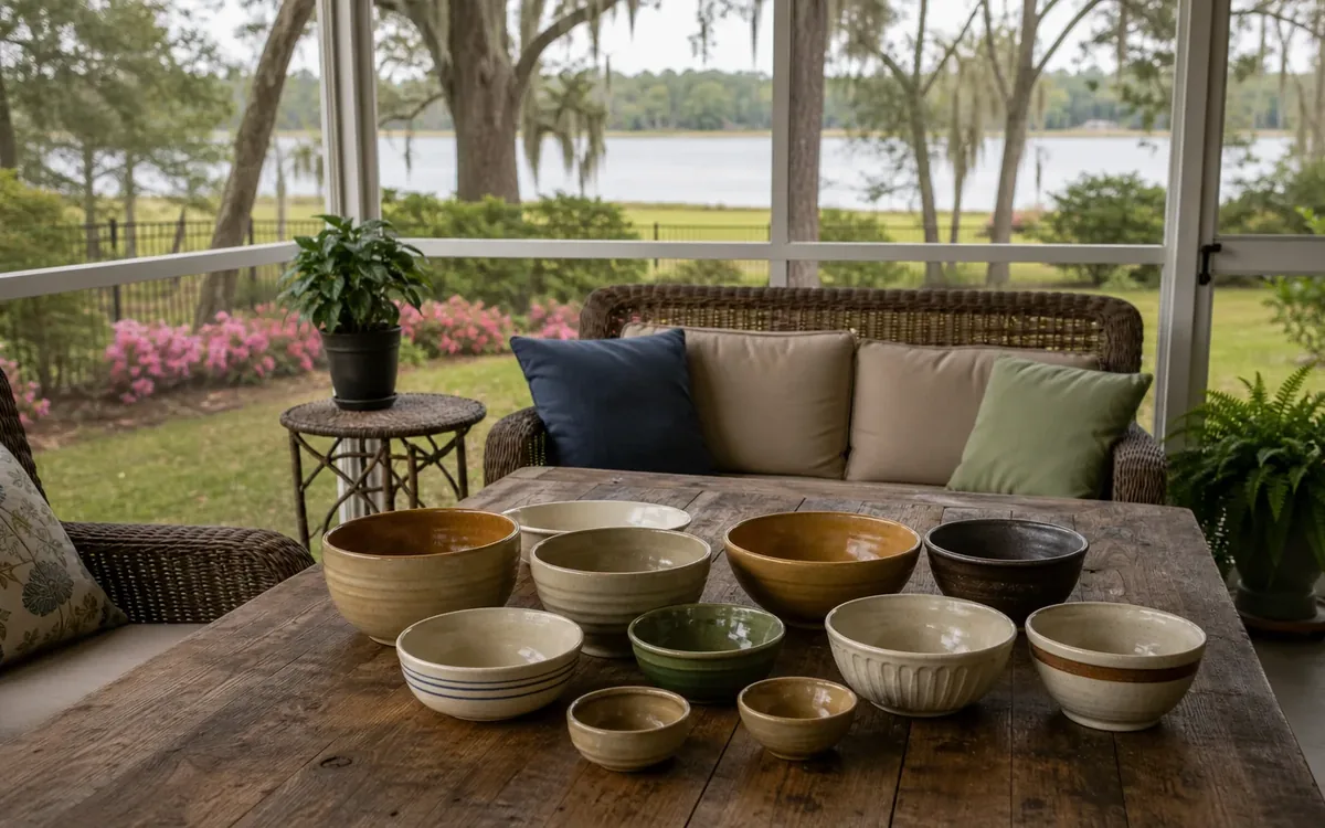 Ceramic bowls of different sizes, colors, and shapes arranged on a wooden porch table for comparison.