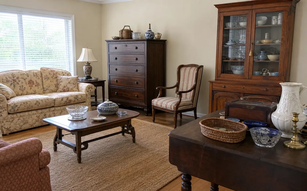 Traditional living room with upholstered seating, wooden cabinets, tables, ceramics, and brass candlesticks for estate item comparison.