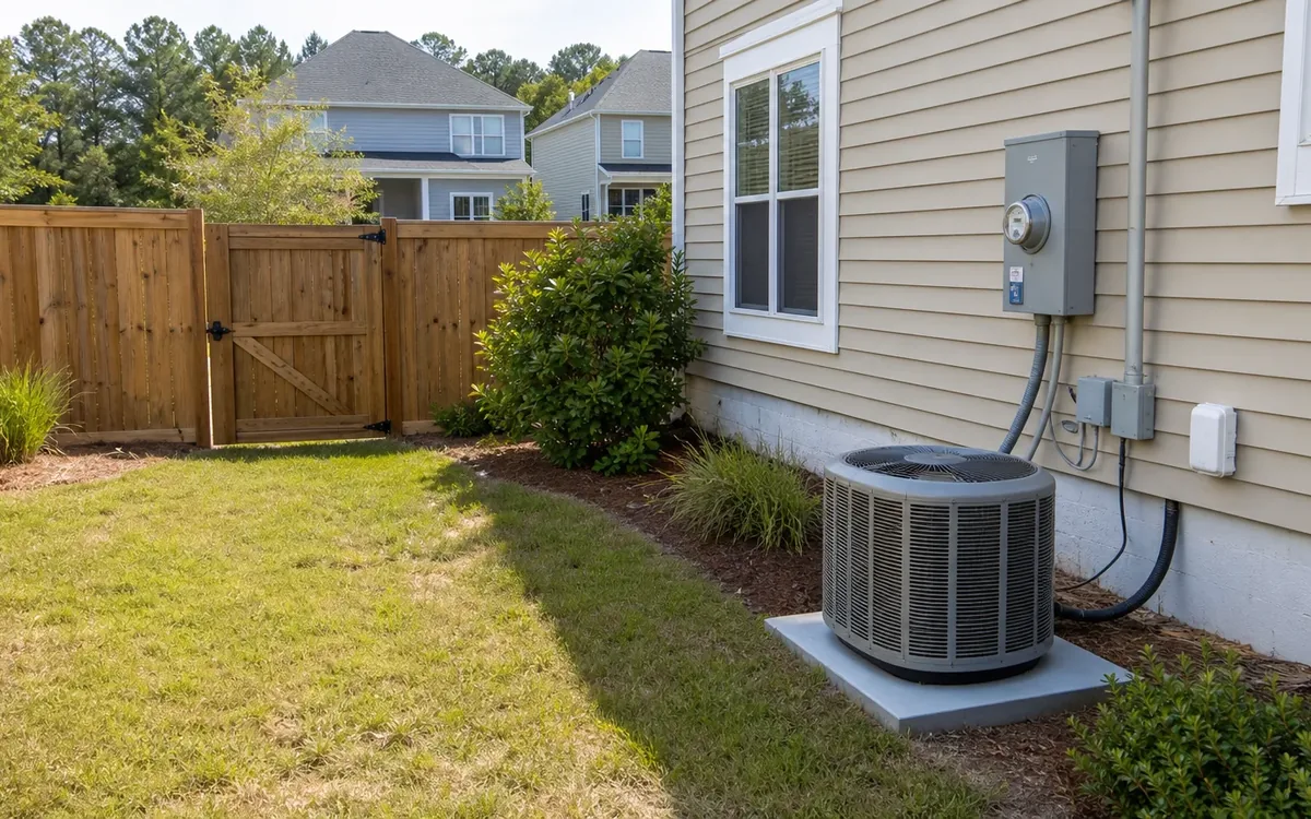 Outdoor air conditioning unit and electric meter beside a suburban home with a fenced yard.