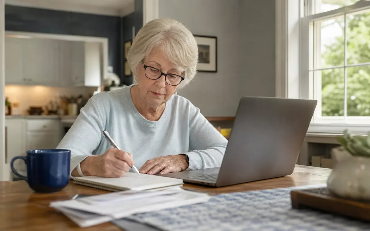 Senior woman writing in a notebook beside a laptop and papers at a kitchen table while planning her move.
