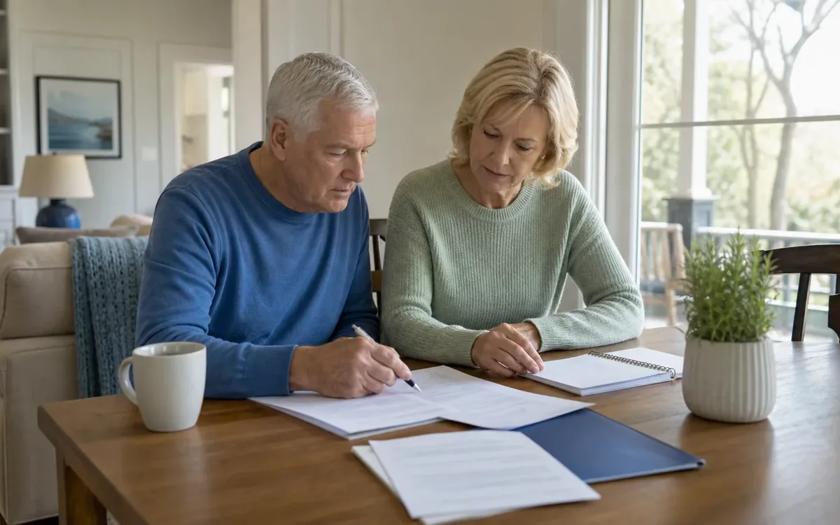 Senior couple reviewing paperwork and writing notes together at a dining table in their home.