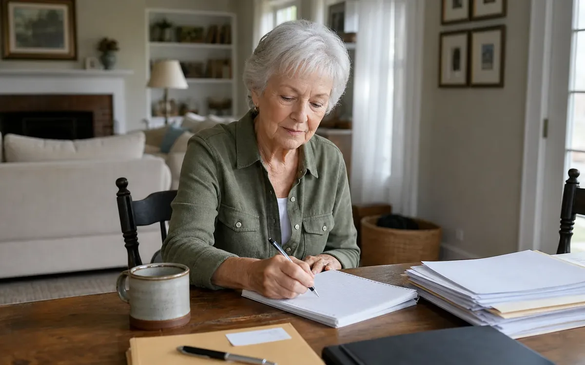 Senior woman writing in a notebook beside organized papers and folders at a dining table in her home.