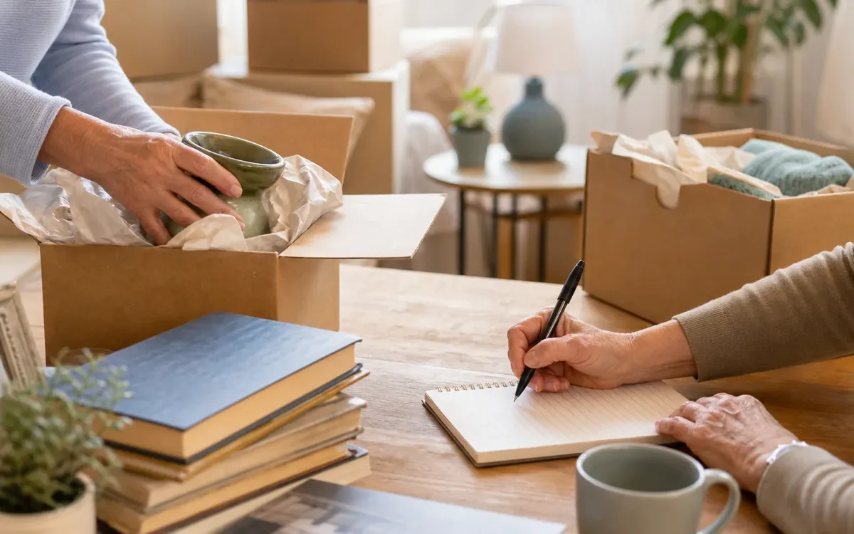 Hands organizing household items while planning do you need a senior move manager or a mover?