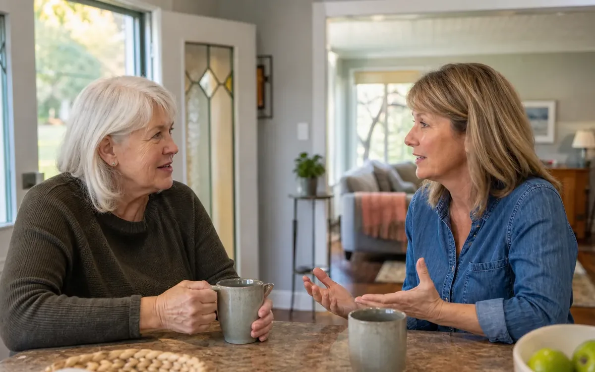 Two women talk across a kitchen counter with mugs, one holding her cup while the other gestures with open hands.