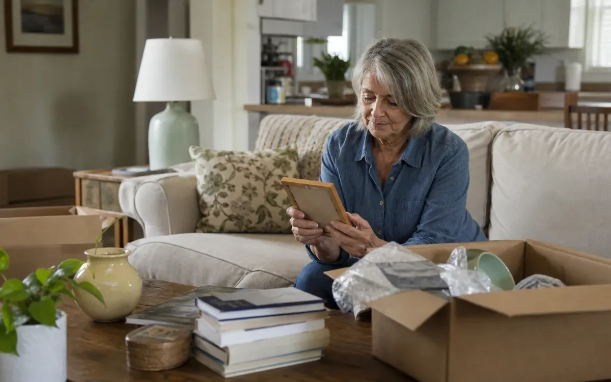 An older woman sits on a sofa holding a wooden picture frame, with open packing boxes, books, and pottery on the table.