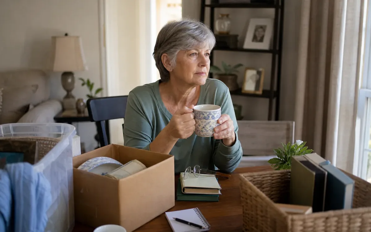 A gray-haired woman holds a patterned mug at a table with packed dishes, storage bins, books, and a woven basket.