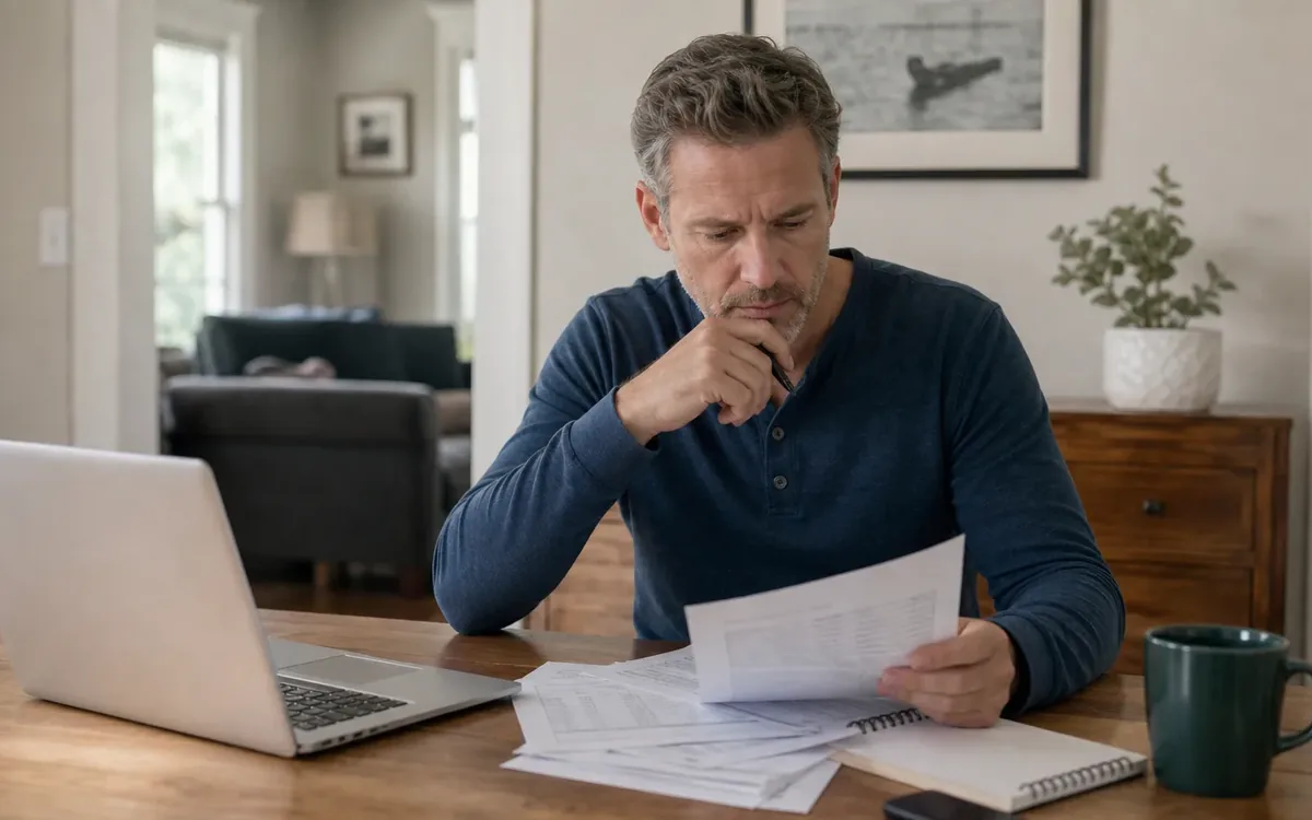 A man reviews financial paperwork at a wooden table with an open laptop, notebook, smartphone, and dark green mug.
