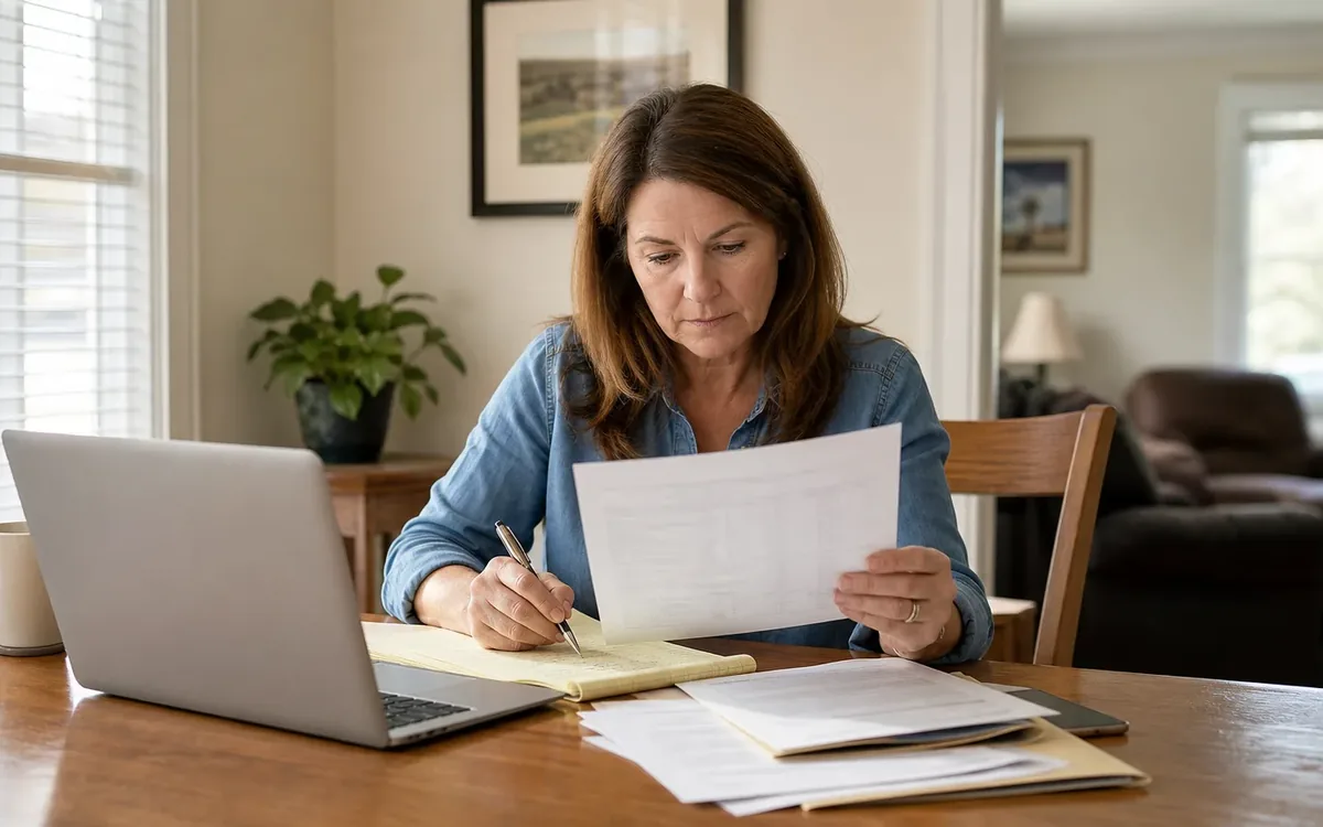 A woman reviews a sheet of paper and takes notes on a yellow pad beside an open laptop and documents at a wooden table.
