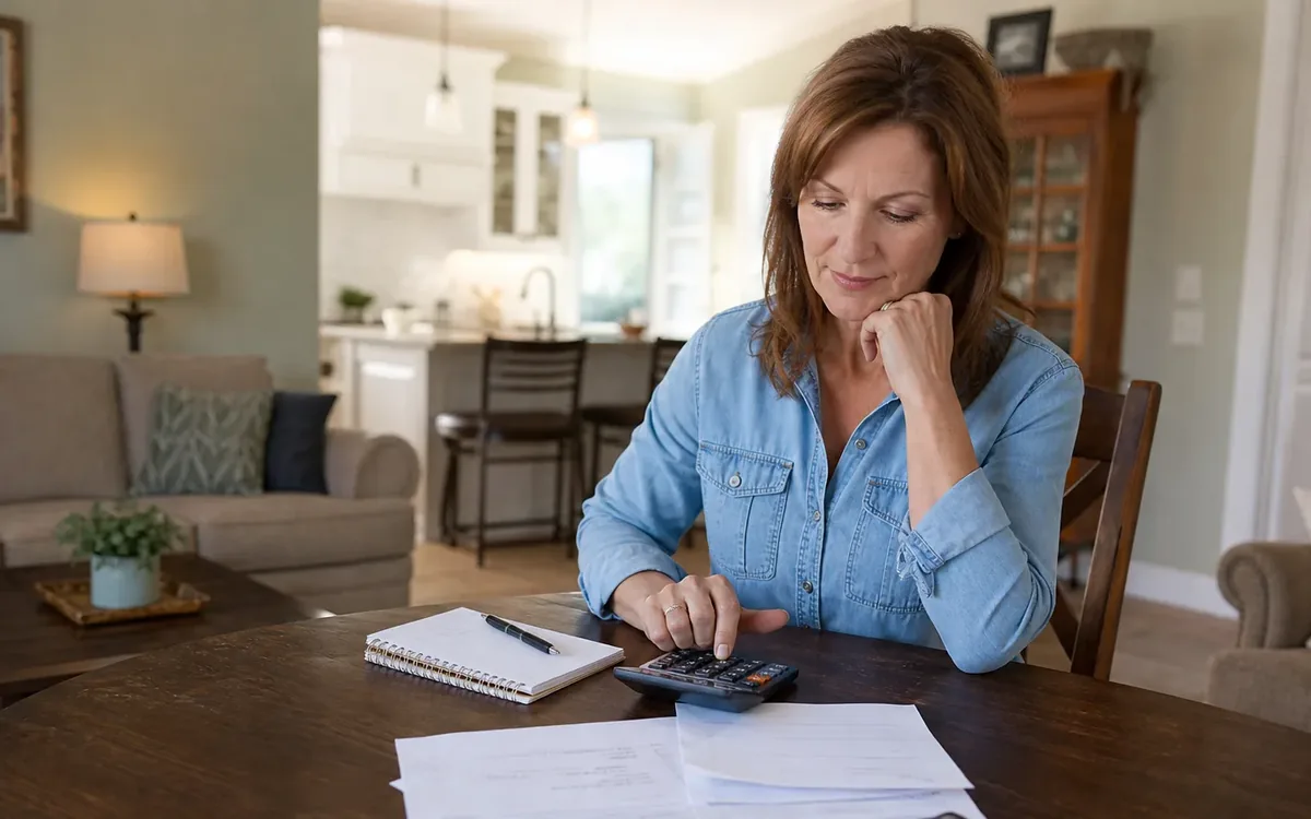 A woman uses a calculator at a wooden table with paperwork, a spiral notebook and a pen in a home dining area.