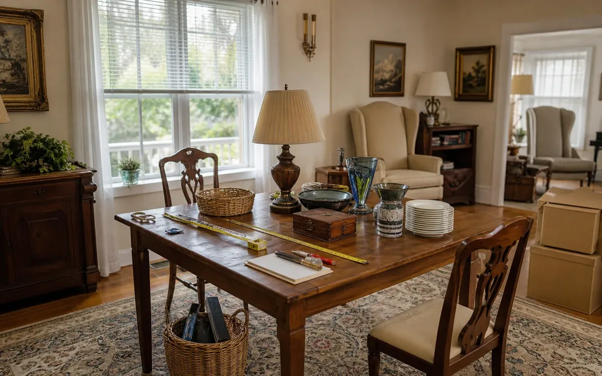 A wooden table holds measuring tapes, a blank notepad, pens, dishes, a lamp, and other household items in a furnished room.