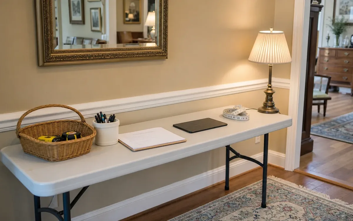 A folding table holds a basket of tape measures, pens, a notepad, a tablet, a coiled measuring tape, and a lit lamp.