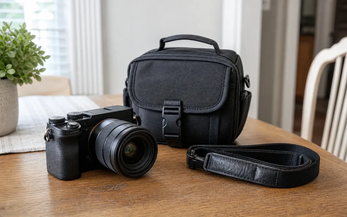 A black camera with an attached lens, a padded black camera bag, and a coiled strap sit on a wooden dining table.