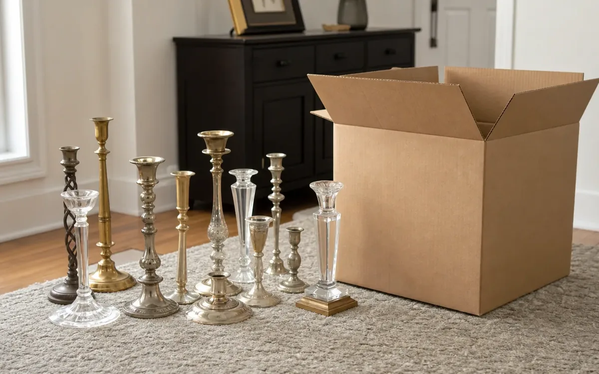 Glass and metal candleholders of various heights stand grouped on a textured rug beside an open cardboard moving box.