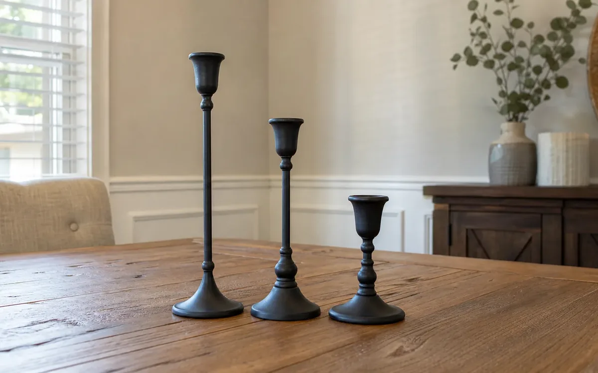 Three black candleholders in descending heights sit on a wooden dining table beside a window with white blinds.