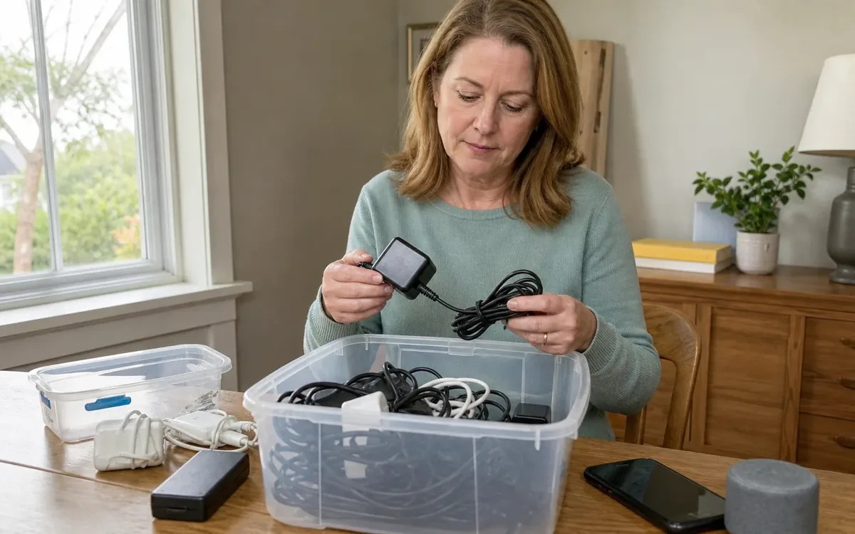 A woman examines a black power adapter and its coiled cord above a clear bin of cables, with a phone and adapters on the table.