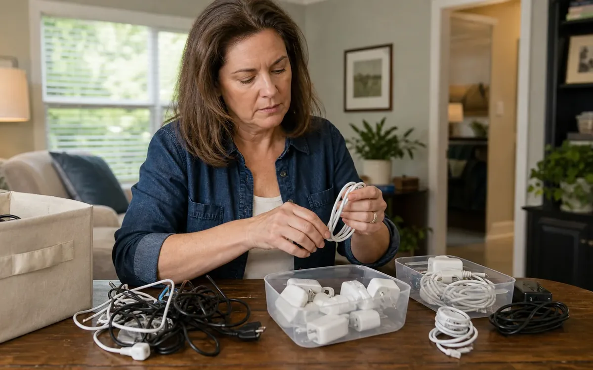 A woman coils a white charging cable at a wooden table with tangled cords and clear bins of power adapters.