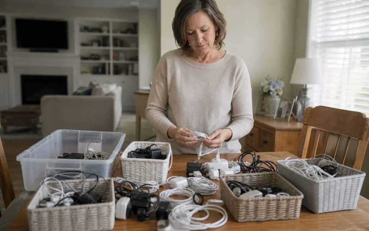 A woman sorts coiled charging cables and power adapters at a wooden table with wicker baskets and a clear plastic bin.