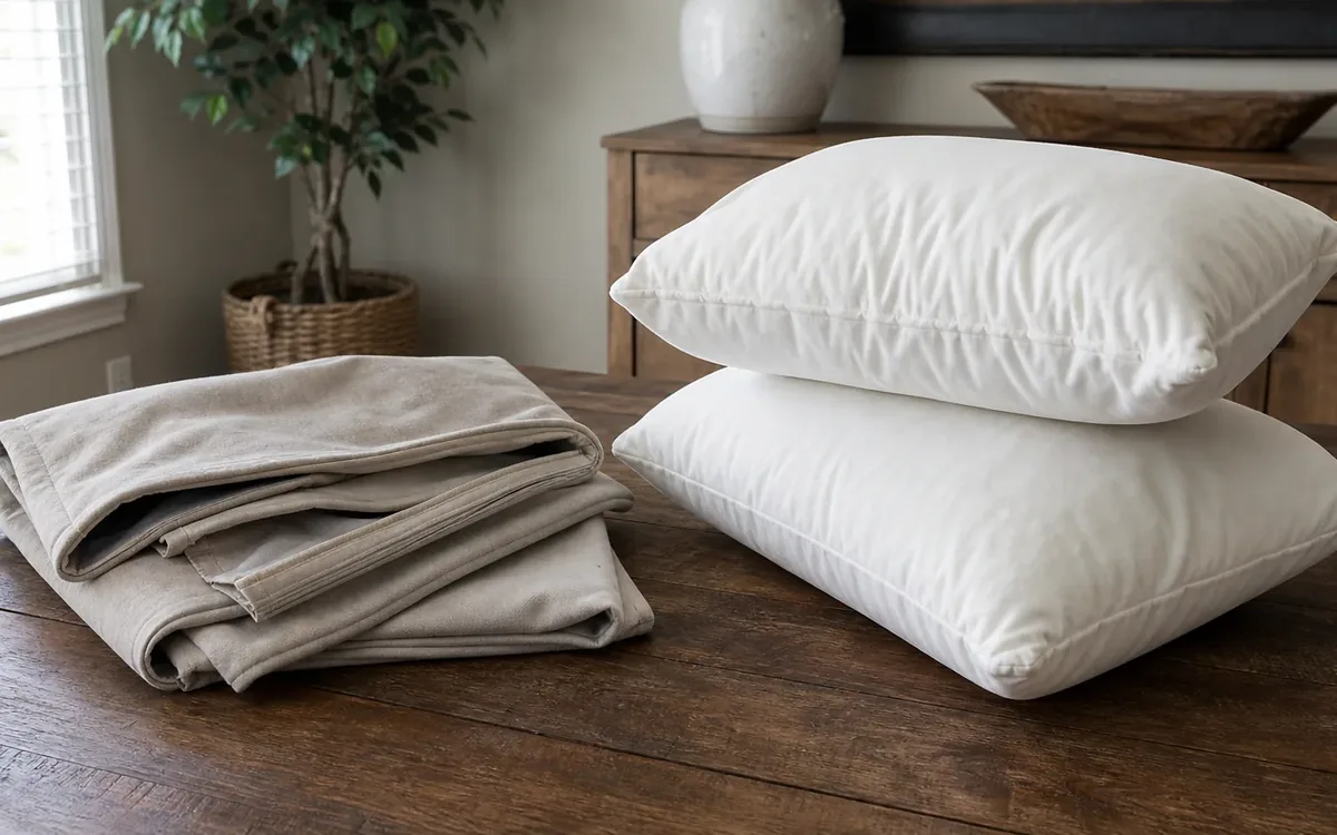 Folded beige cushion covers sit beside two stacked white cushion inserts on a rustic wooden table.
