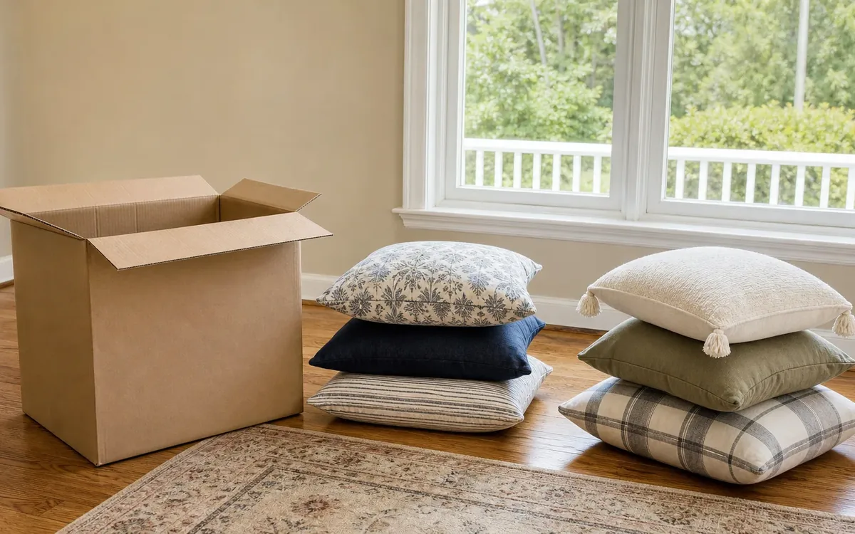 Six decorative cushions arranged in two stacks beside an open cardboard moving box on a wooden floor beneath a window.