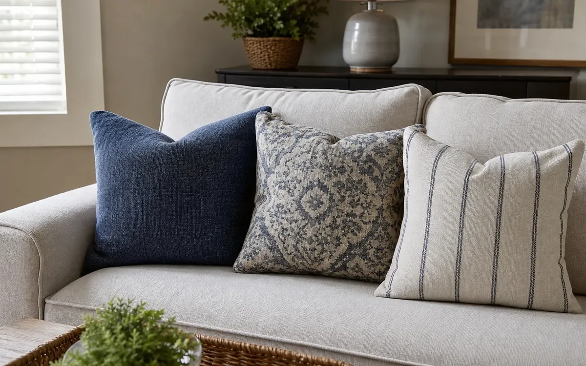 Navy, blue-gray patterned, and cream striped decorative cushions sit side by side on a light beige living room sofa.