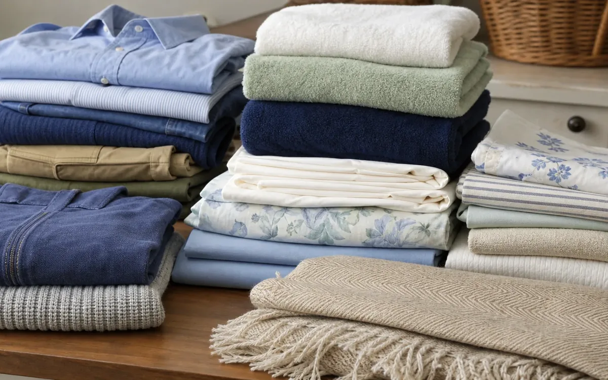 Folded shirts, jeans, towels and patterned linens sit in neat stacks beside a beige fringed blanket on a wooden table.