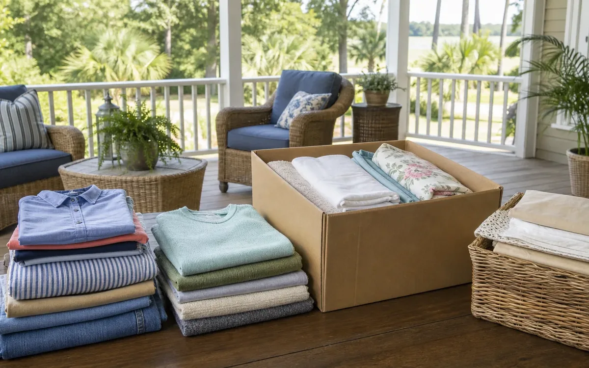 Folded shirts and sweaters sit beside an open cardboard box of linens and a wicker basket of folded fabric on a porch table.