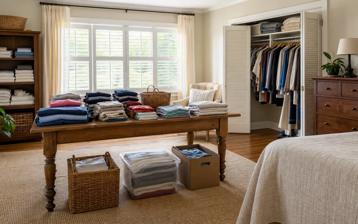 Folded clothing and linens are sorted on a wooden table, with a wicker basket, clear storage bin, and cardboard box below.