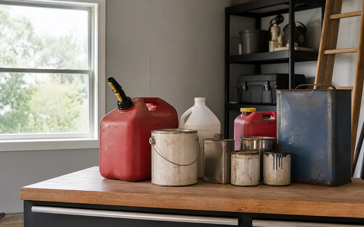 Unlabeled fuel cans, oil tins, and paint containers grouped on a wooden workbench in a garage.