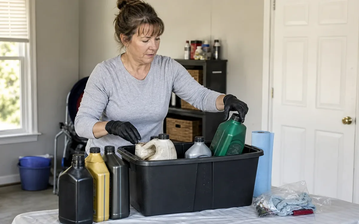 Woman wearing black gloves sorts motor oil and automotive fluid bottles into a black bin on a garage worktable.