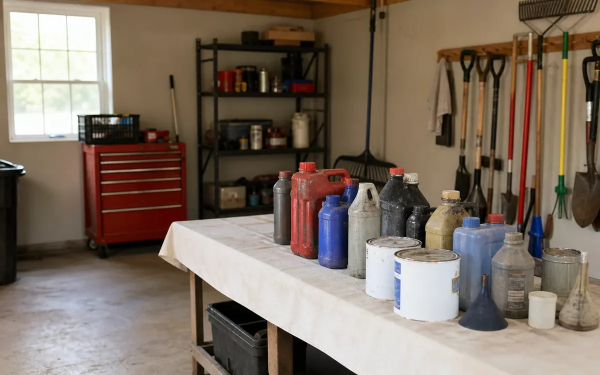 Assorted fuel cans, oil bottles, paint tins, and funnels arranged on a worktable in a garage workshop.