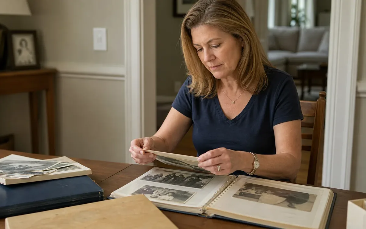 A woman lifts a page in an open ring-bound photo album at a wooden table with loose photographs and closed albums.