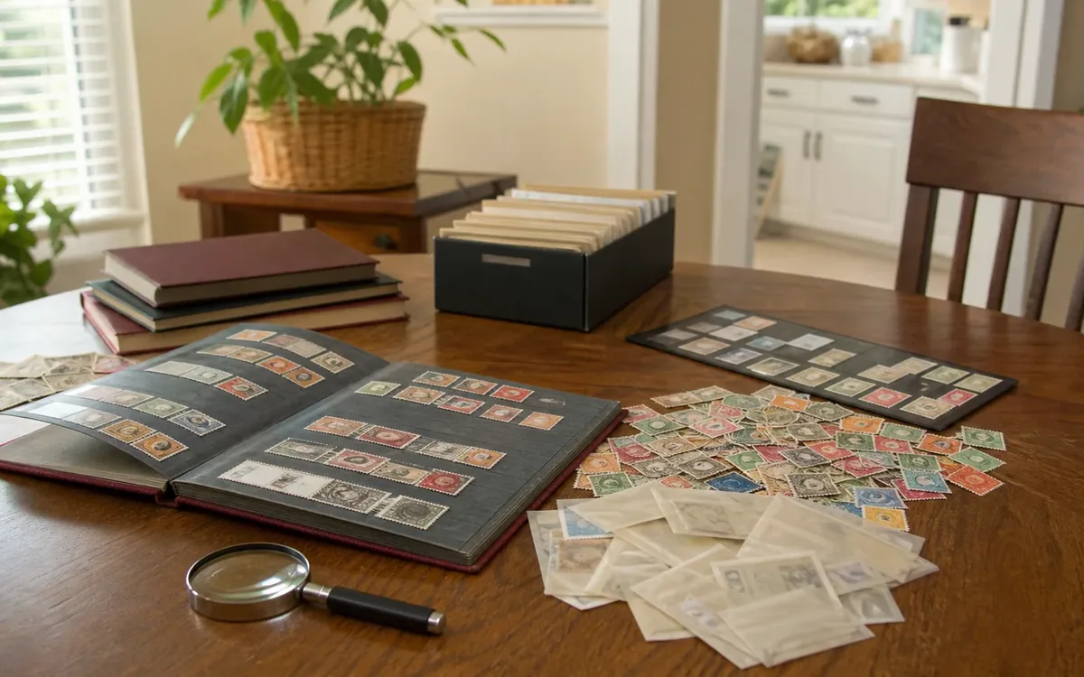 An open stamp album, loose stamps, translucent envelopes, and a magnifying glass arranged on a wooden dining table.