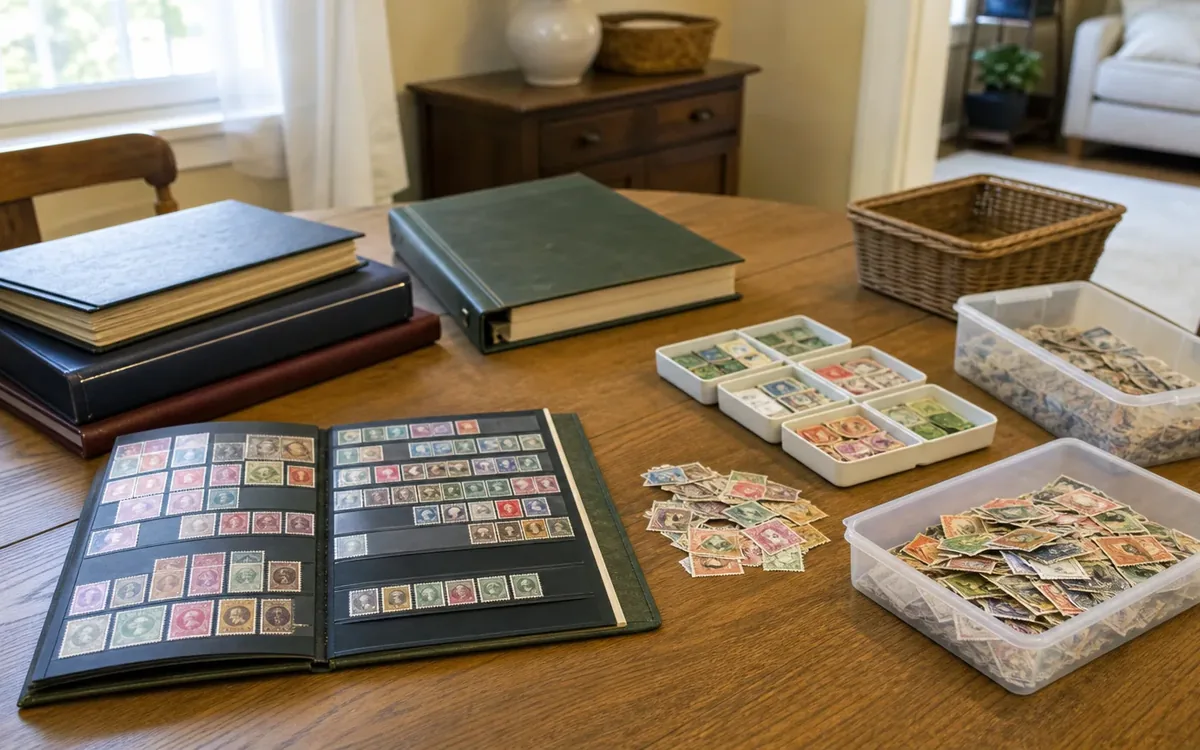 An open stamp album, stacked closed albums, sorting trays, and plastic bins of loose stamps cover a wooden table.