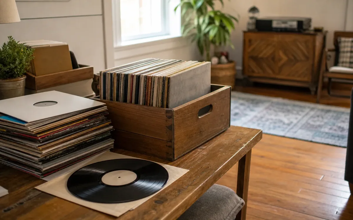 A vinyl record rests on a paper sleeve beside stacked record covers and a wooden crate of upright albums on a wooden table.