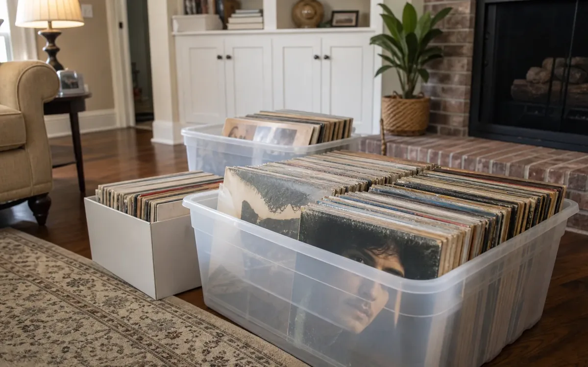 Vinyl albums stand upright in two clear plastic bins and a white box on a living room floor beside a brick fireplace.