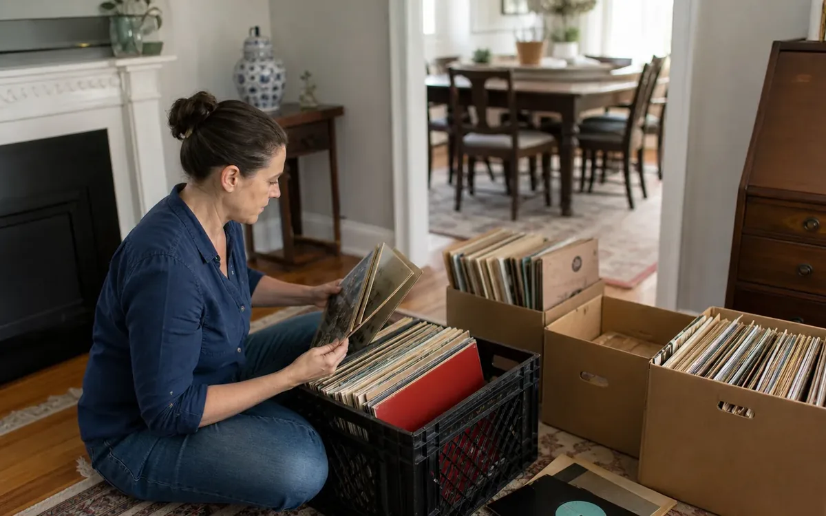 A woman kneels on a living room rug, sorting vinyl record sleeves beside a black crate and cardboard boxes of records.