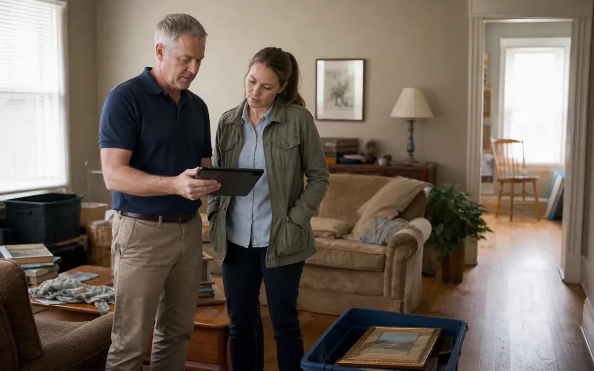 A man and woman review a tablet beside storage bins and household belongings in a living room before a cleanout.