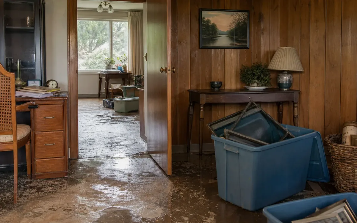 Flood-damaged wood-paneled home with muddy floors, storage bins, framed items, a desk, and household furnishings.