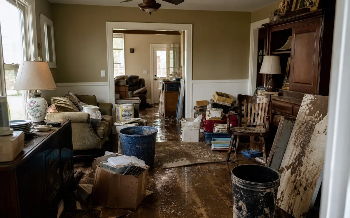 Flood-damaged living room with muddy floors, stained furniture, buckets, boxes, and belongings awaiting cleanout.
