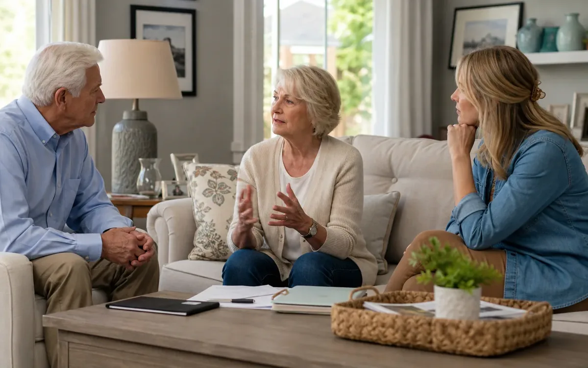 Older man and woman discuss paperwork with a younger woman while seated around a living room coffee table.