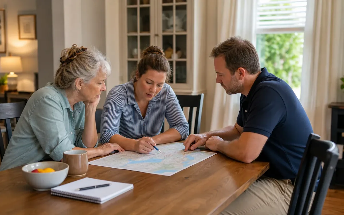 Three adults gather at a dining table to mark a map, with a notebook, pen, mug, and bowl nearby.