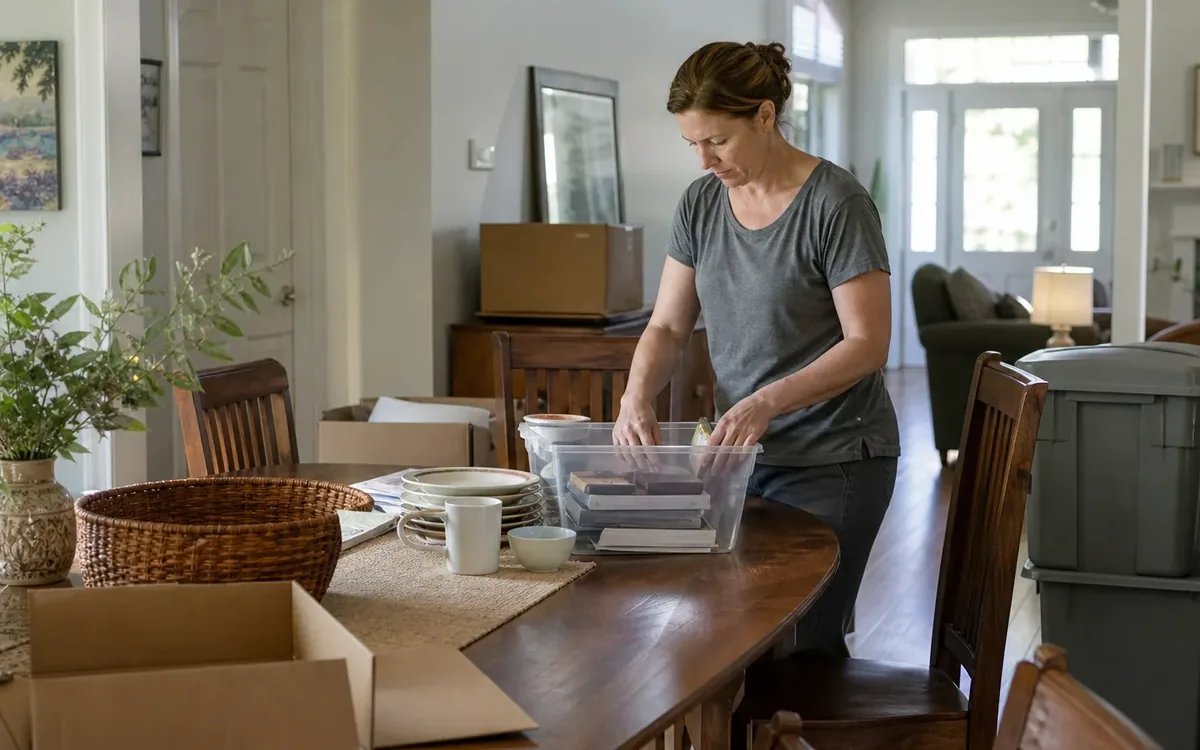 Woman sorting household belongings into a clear bin beside moving boxes and stacked storage totes in a dining room.