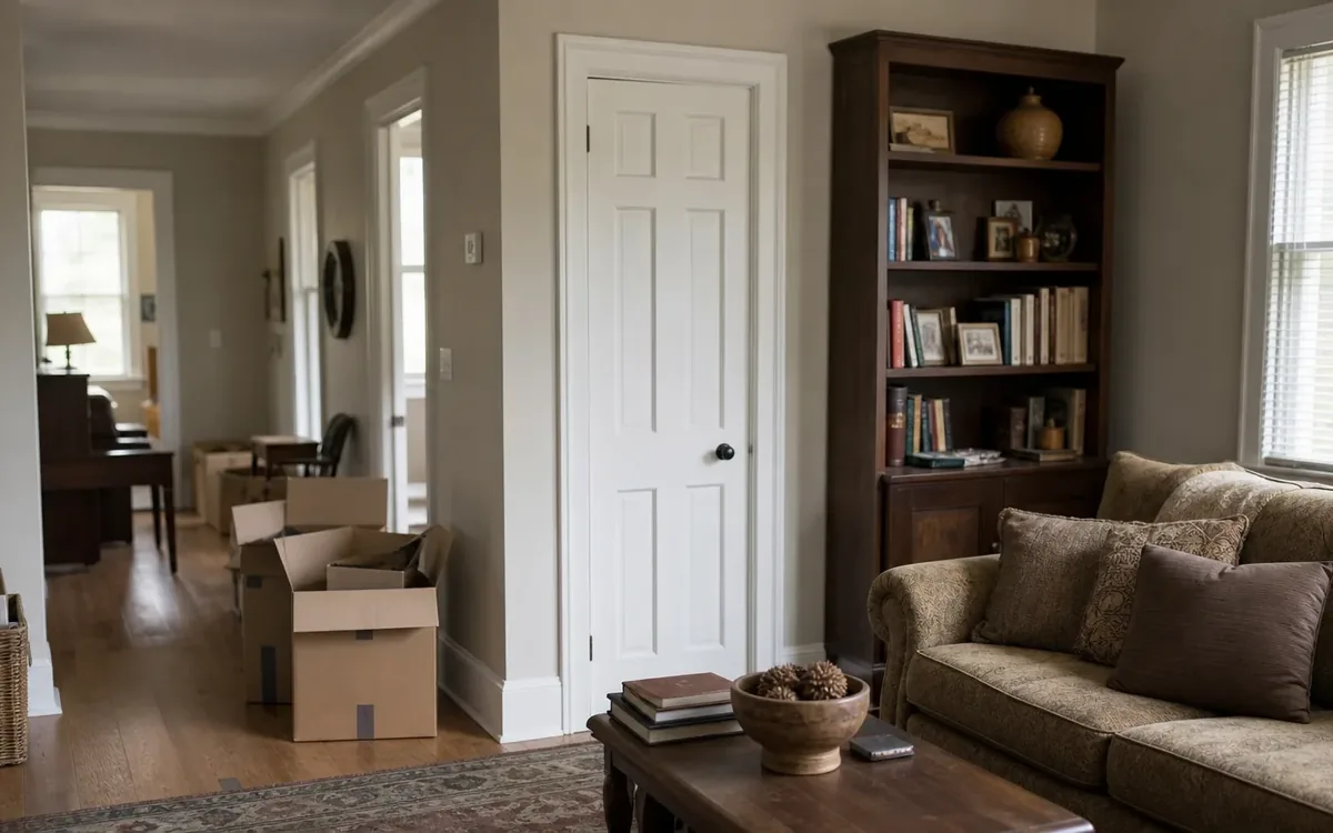 Open moving boxes sit in a furnished living room beside a sofa, bookcase, coffee table, and hallway.