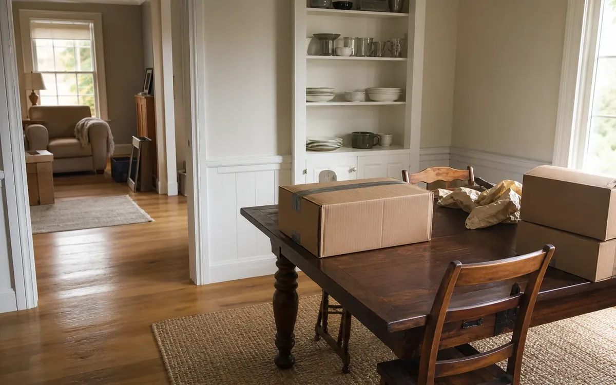 Cardboard boxes and packing paper arranged on a dining table in a clean, furnished home during an estate cleanout.