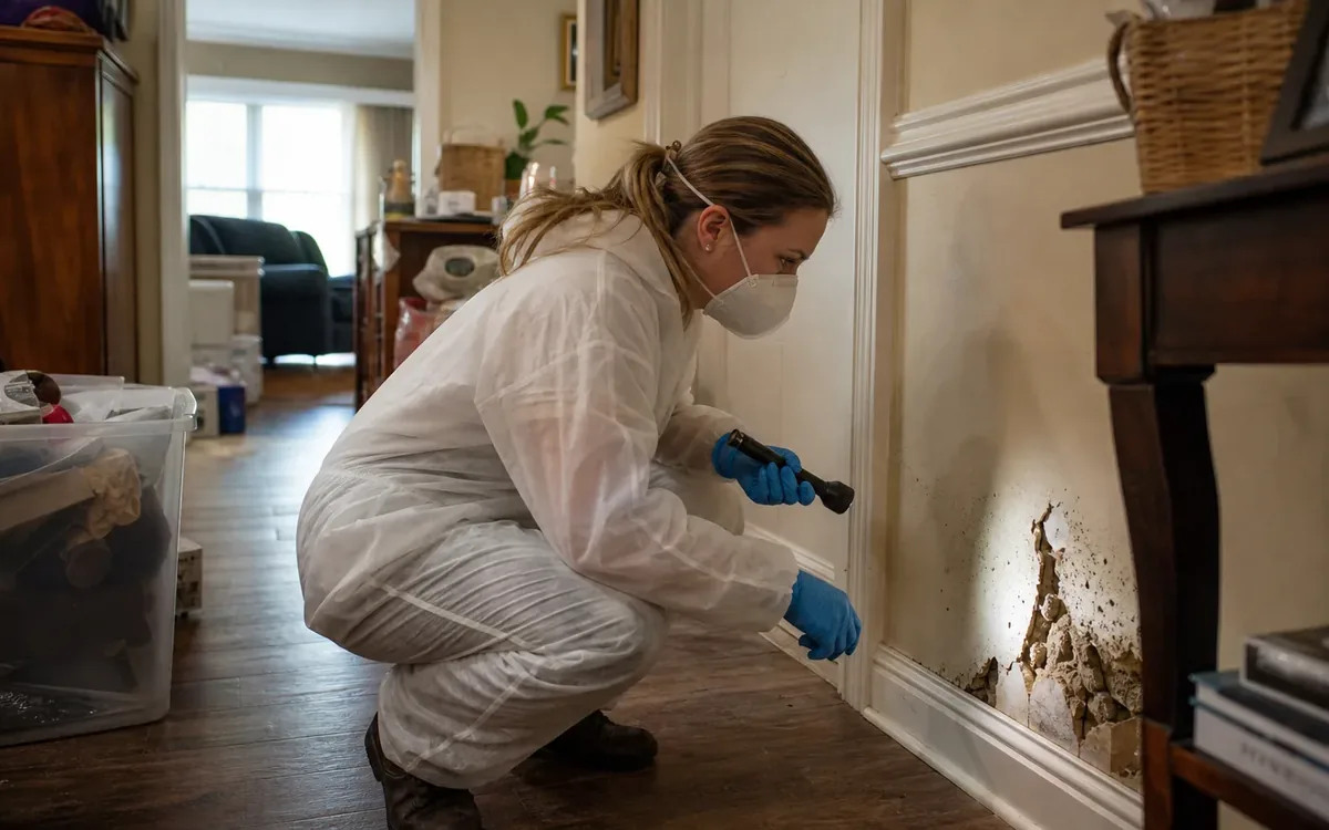 Protective-suited worker inspects pest-related damage near a baseboard during an estate cleanout.