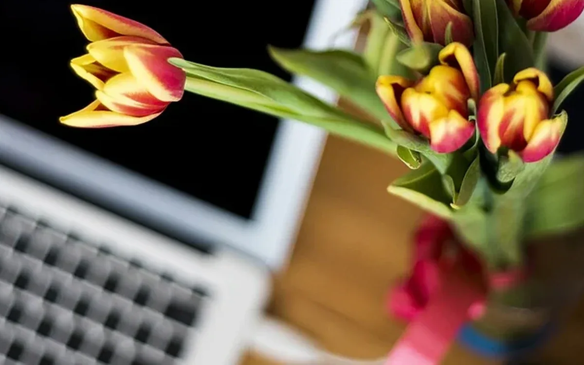 Yellow and red tulips stand beside a dark computer keyboard on a household work surface