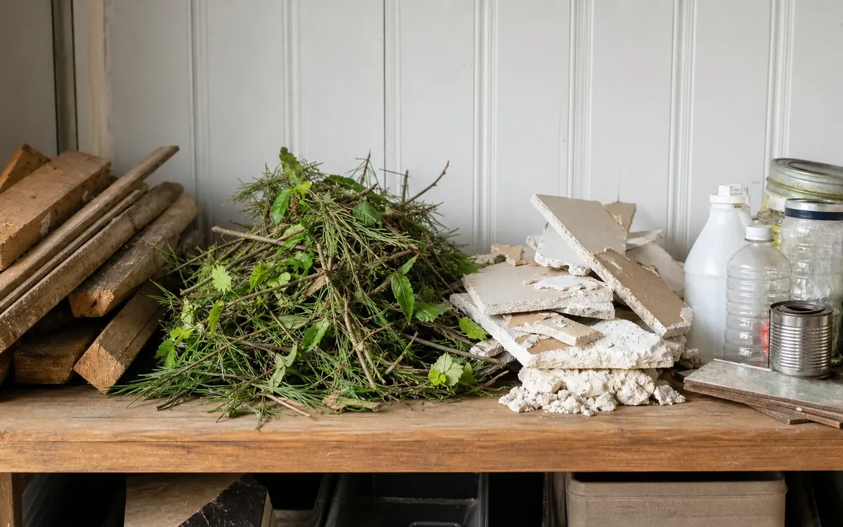 Separate piles of cut lumber, branches, broken drywall, bottles, jars, and metal cans arranged on a wooden bench.