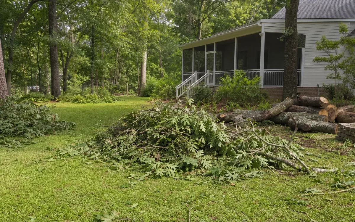 Piles of cut branches and logs lie across a wooded home's lawn, showing debris areas to mark on a property cleanup map.