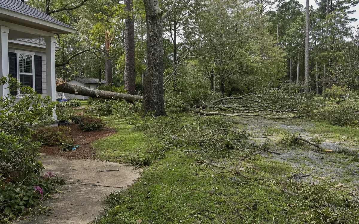 Fallen trees and scattered branches cover a yard and driveway beside a gray house after a storm.