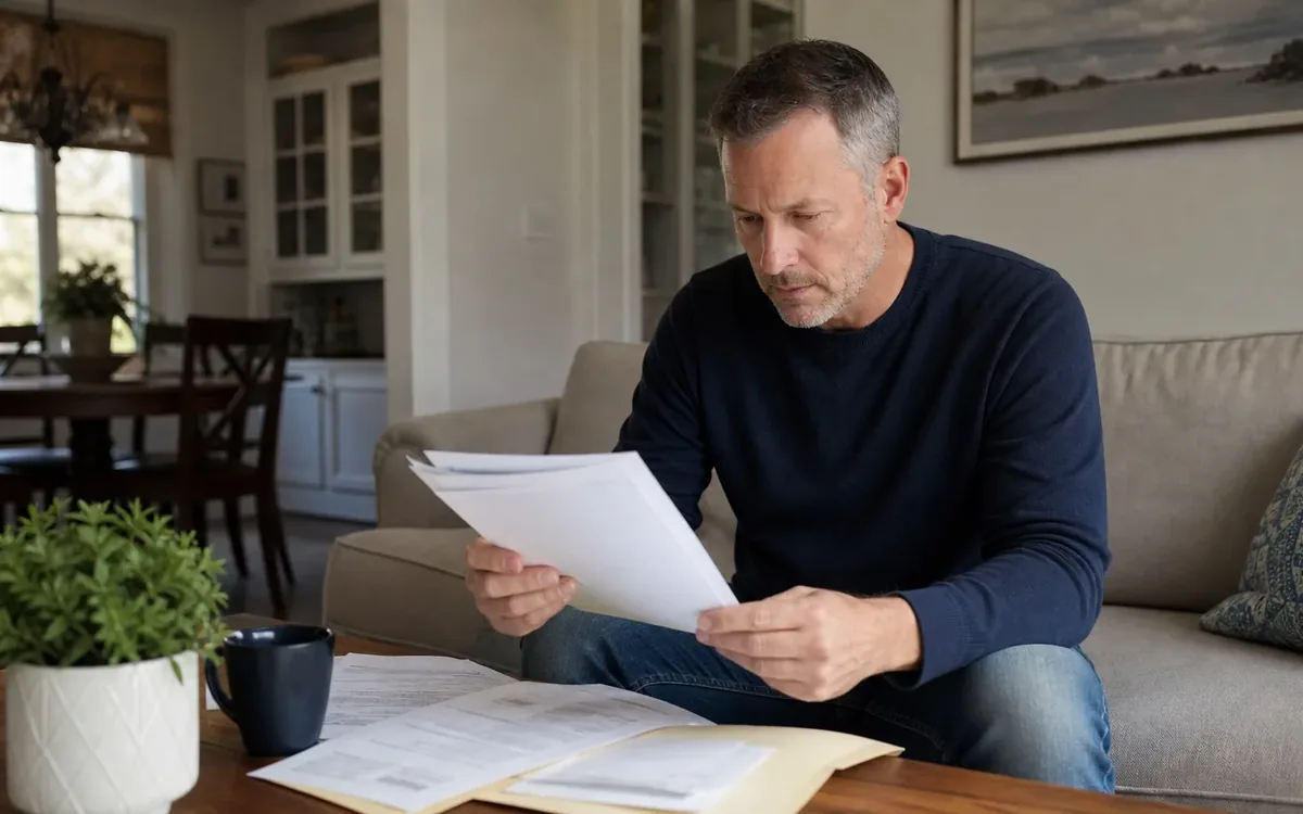 A man seated on a beige sofa reviews papers above a coffee table with more documents, a folder, a mug and a plant.
